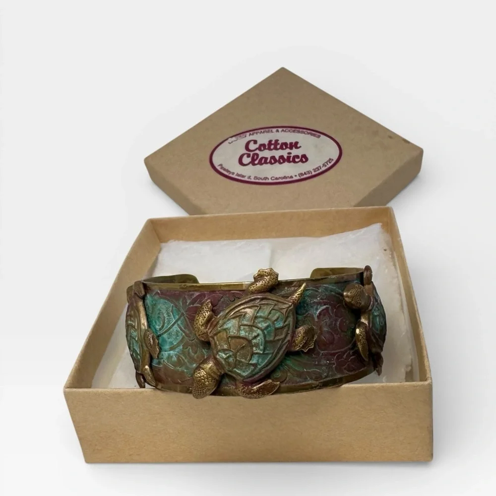 Elaine Coyne Collectible Artwear Sea Turtle Cuff Bracelet Verdigris Patina Brass